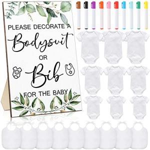 Roowest 35 Pcs Baby Shower Bibs Games Design Wooden Baby Shower Party Game Sign DIY Bodysuit Sign 15 White Blank Feeder Bibs 9 Newborn Bodysuit 10 Markers for Boys Girls(Greenery)