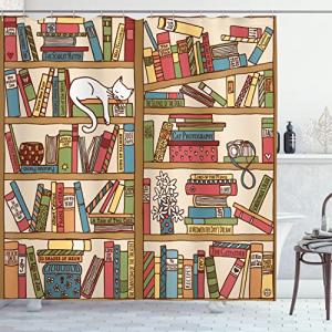 Ambesonne Cat Shower Curtain, Nerd Book Lover Kitty Sleeping Over Bookshelf Library Academics Feline Boho Design, Cloth Fabric Bathroom Decor Set with Hooks, 69" W x 70" L, Ecru Camel White