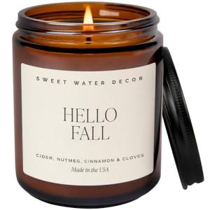 Sweet Water Decor Hello Fall Soy Candles - Fall Candle with Hot Cider, Cinnamon, Cloves, and Nutmeg Scent for Home - Soy Candle with 40 Hours Burn Time - 9Oz Black Lid Amber Jar Candles Fall Scents