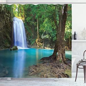 Ambesonne Woodland Shower Curtain, Waterfall Asia Thailand Jungle Tropic Plants Trees Tourist Attraction, Cloth Fabric Bathroom Decor Set with Hooks, 69" W x 70" L, Turquoise Blue