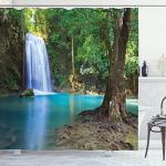 Ambesonne Woodland Shower Curtain, Waterfall Asia Thailand Jungle Tropic Plants Trees Tourist Attraction, Cloth Fabric Bathroom Decor Set with Hooks, 69" W x 70" L, Turquoise Blue