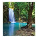 Ambesonne Woodland Shower Curtain, Waterfall Asia Thailand Jungle Tropic Plants Trees Tourist Attraction, Cloth Fabric Bathroom Decor Set with Hooks, 69" W x 70" L, Turquoise Blue