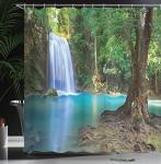 Ambesonne Woodland Shower Curtain, Waterfall Asia Thailand Jungle Tropic Plants Trees Tourist Attraction, Cloth Fabric Bathroom Decor Set with Hooks, 69" W x 70" L, Turquoise Blue