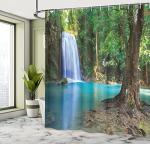 Ambesonne Woodland Shower Curtain, Waterfall Asia Thailand Jungle Tropic Plants Trees Tourist Attraction, Cloth Fabric Bathroom Decor Set with Hooks, 69" W x 70" L, Turquoise Blue