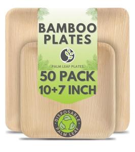 Naturally Chic Palm Leaf Plates 10 Inch & 7 Inch Square Bamboo Plates [50-Pack] - Biodegradable and Compostable for Appetizer and Dinner - Disposable Wood Dinnerware Set - Party Pack