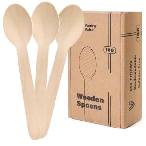 Pantry Value [100 Count] Wooden Spoons Disposable, Splinter-free Biodegradable Spoons, Eco-friendly, Compostable Utensils for Outdoors, Parties, and events
