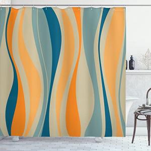 Ambesonne Vintage Shower Curtain, Retro Designed Stripes of Funky Lines Design of in a Abstract Concept, Fabric Bathroom Decor Set with Hooks, 69" W x 75" L, Petrol Blue Marigold