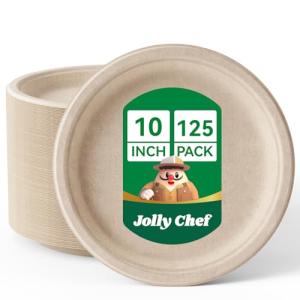 JOLLY CHEF Compostable Heavy Duty Plates 𝟭𝟬 𝗜𝗻𝗰𝗵 [𝟭𝟮𝟱 𝗣𝗮𝗰𝗸] Eco-Friendly Disposable Paper Plates Made of Bagasse Biodegradable Bulk for Party Dinner Sugarcane Fibers Round (Natural)