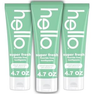 hello Super Fresh Fluoride Free Toothpaste, Toothpaste for Bad Breath, Helps Remove Surface Stains, Natural Spearmint, 3 Pack, 4.7 Oz Tubes