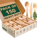 EVINAKO Wooden Cutlery Set - Pack of 150 (50 Spoons, 50 Forks, 50 Knives) | Eco-Friendly, Biodegradable & Reusable | Sustainable, Chemical-Free & Food Safe