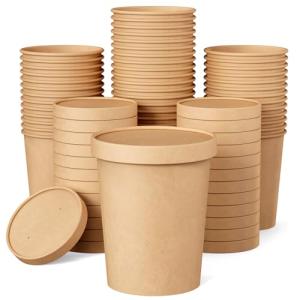 JOLLY PARTY 25pack 32oz Paper Soup Containers with Lids, Disposable Paper Food Cups, Ice Cream Cups, Food Storage with Lids, Microwavable and freezer safe, Suitable for Christmas Thanksgiving (Brown)