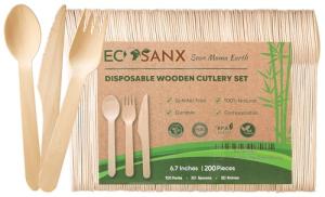ECOSANX® 200 PCs Disposable Wooden Cutlery set 6.5" Splinter Free Compostable Utensils for party, Eco-Friendly, 100% All-Natural Bamboo Utensils set for picnic, Bamboo cutlery set for Events & More