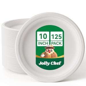 JOLLY CHEF Compostable Heavy Duty Plates 𝟭𝟬 𝗜𝗻𝗰𝗵 [𝟭𝟮𝟱 𝗣𝗮𝗰𝗸] Eco-Friendly Disposable White Paper Plates Made of Bagasse Biodegradable Bulk for Party Dinner Sugarcane Fibers Round 125 Count