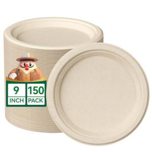 JOLLY CHEF 100% Compostable Paper Plates, 150 Pack 9 Inch Heavy Duty Plates, Disposable Biodegradable Eco-Friendly Sugarcane, Bulk Nature