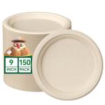 JOLLY CHEF 100% Compostable Paper Plates, 150 Pack 9 Inch Heavy Duty Plates, Disposable Biodegradable Eco-Friendly Sugarcane, Bulk Nature