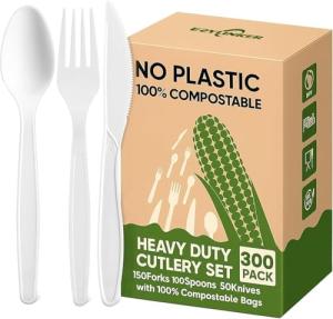 EZYLINKER Compostable Utensils Set (300Pack), Heavy Duty & Eco-Friendly No-Plastic Spoons, Forks, Knives Cutlery Set - 100% Disposable Cornstarch Flatware for Lounge Party Wedding BBQ Picnic Camping