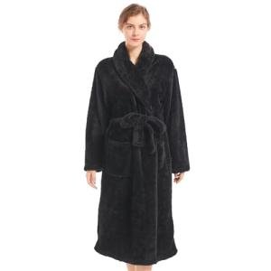 Inner Wish Womens Plush Fleece Robe, Cozy Warm Bathrobe Fuzzy Female Spa Robe With Pockets, BLACK,2XL/3XL