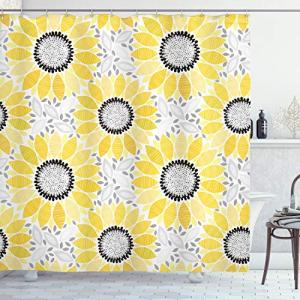 Ambesonne Yellow Shower Curtain, Colorful Illustration of Sun Flower with Motifs and Patterns Summer Nature Artprint, Cloth Fabric Bathroom Decor Set with Hooks, 69" W x 70" L, Yellow Grey