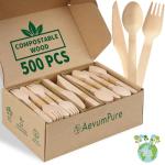 Compostable Wooden Utensils Set - 500 Pieces Disposable Wood Cutlery (200 Spoons, 200 Forks,100 Knives)-Bamboo Utensils And Plastic Silverware Alternative, Heavy Duty Utensils For Party