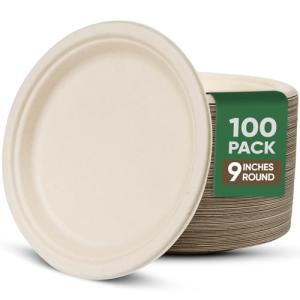 9 Inch Compostable Paper Plates (100 Pack) - Eco-Friendly Disposable Dinnerware for Parties, Microwavable & Water/Oil Resistant - 100% Biodegradable Heavy Duty Brown Plates for Events, Picnics