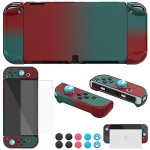 COMCOOL Dockable Case for Nintendo Switch Oled - [9 FT Military Grade Drop Protection] [with Tempered Glass Screen Protector and Thumb Grips] Protective Cover for Nintendo Switch Oled - Midgreen Red
