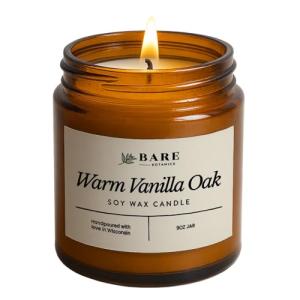 Bare Botanics Warm Vanilla Oak 9oz Soy Candle - 100% Plant-Based Fragrance Oils - Premium, Non-Toxic Candle - Softly Scented Natural Soy Wax - Handpoured in WI - 40 Hrs Long Burning & Ready to Gift