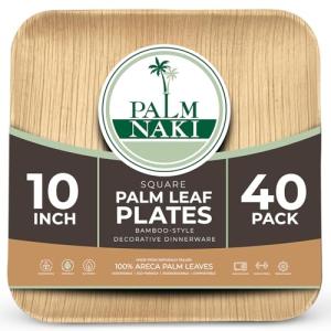 PALM NAKI Eco-Friendly Palm Leaf Plates - 10-Inch Square - Bamboo Style (40 Pack), Sustainable, Decorative & Compostable Tableware (10" Plates)
