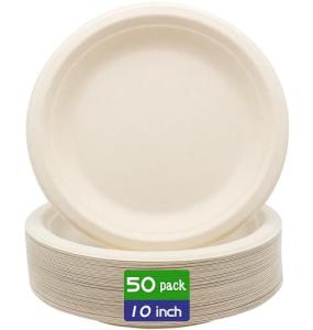 BLUE TOP 100% Compostable Disposable Paper Plates Heavy Duty Waterproof Plates-50 Pack 10 inch Eco-Friendly Plates, Natural Biodegradable Sugarca Bagasse Dinner Plates Unbleached Brown