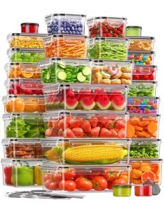 KEMETHY 60 PCS Food Storage Containers with Lids, BPA-Free Plastic Food Containers for Kitchen Storage, Leak Proof, Reusable Meal Prep Containers with Labels & Pen