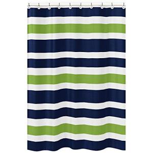 Sweet Jojo Designs Navy Blue, Lime Green and White Kids Bathroom Fabric Bath Stripes Shower Curtain