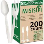 MISISIPI [7In 200Pcs] 100% Compostable Forks and Spoons Utensils Cutlery Silverware Heavyduty Eco-friendly Disposable Plastic free Forks and Spoons Utensils Cutlery Silverware for Party BBQ Lounge