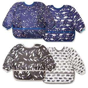 Joyo roy Mess Proof Baby Bibs for Eating Waterproof Toddler Bibs for Boys Soft Machine Washable Long Sleeve Bib 1-3 Years Travel Reusable Baby Smock Apron for Feeding Bib with Food Catcher