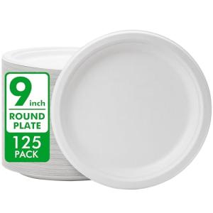 RACETOP Disposable Compostable Paper Plates 9 Inch [125 Pack], White Bagasse, Heavy-Duty Biodegradable Paper Plates, Eco-Friendly, Made of Natural Sugarcane Fibers
