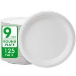 RACETOP Disposable Compostable Paper Plates 9 Inch [125 Pack], White Bagasse, Heavy-Duty Biodegradable Paper Plates, Eco-Friendly, Made of Natural Sugarcane Fibers