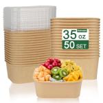 50 Pack 35oz Paper Food Containers with Lids, Cardboard Meal Prep Containers, Disposable Compostable Kraft Paper Bowls with Lids for Hot/Cold Food, Salad, Leftovers, Snacks, Desserts - Rectangular