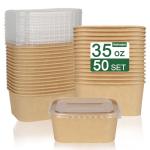 50 Pack 35oz Paper Food Containers with Lids, Cardboard Meal Prep Containers, Disposable Compostable Kraft Paper Bowls with Lids for Hot/Cold Food, Salad, Leftovers, Snacks, Desserts - Rectangular