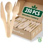 350 Pieces Compostable Wooden Cutlery Set - Disposable Wood Utensils(140 Forks,105 Spoons,105 Knives)-Bamboo Silverware And Plastic Flatware Alternative,Heavy Duty Serving Utensils For Party/Picnic