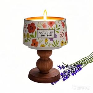 Handmade Lavender Soy Candle in Vintage Ceramic Mug - Eco-Friendly Aromatherapy Candle with Natural Essential Oils, Wood Base for Bedroom, Home Decor & Gifts (Floral Color 5oz, Non-Toxic)