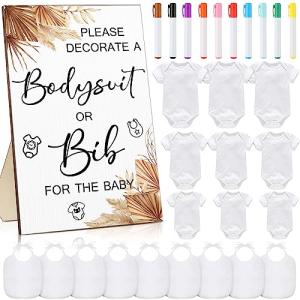 Roowest 35 Pcs Baby Shower Bibs Games Design Wooden Baby Shower Party Game Sign DIY Bodysuit Sign 15 White Blank Feeder Bibs 9 Bodysuit 10 Markers for Party Supplies(Boho)