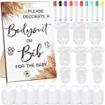 Roowest 35 Pcs Baby Shower Bibs Games Design Wooden Baby Shower Party Game Sign DIY Bodysuit Sign 15 White Blank Feeder Bibs 9 Bodysuit 10 Markers for Party Supplies(Boho)