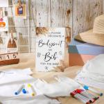 Roowest 35 Pcs Baby Shower Bibs Games Design Wooden Baby Shower Party Game Sign DIY Bodysuit Sign 15 White Blank Feeder Bibs 9 Bodysuit 10 Markers for Party Supplies(Boho)