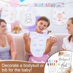 Roowest 35 Pcs Baby Shower Bibs Games Design Wooden Baby Shower Party Game Sign DIY Bodysuit Sign 15 White Blank Feeder Bibs 9 Bodysuit 10 Markers for Party Supplies(Boho)