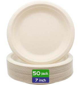 BLUE TOP 100% Compostable Disposable Paper Plates Heavy Duty Waterproof Plates-50 Pack 7 inch Eco-Friendly Plates, Natural Biodegradable Sugarca Bagasse Dinner Plates Unbleached Brown