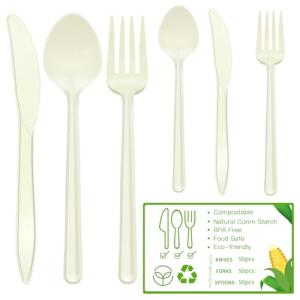 Compostable No Plastic Knives Plastic Forks Plastic Spoons Plastic Utensils, Compostable Cutlery Set is Eco Friendly Products for Lounge Party Wedding BBQ Picnic Camping