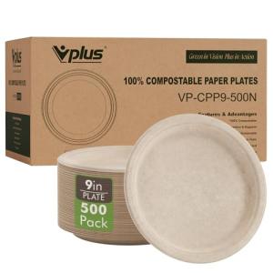 Vplus 500 Pack Paper Plates 9 inch 100% Compostable, Heavy-Duty Disposable Paper Plates Bagasse Natural Biodegradable Eco-Friendly Sugarcane（Nature）