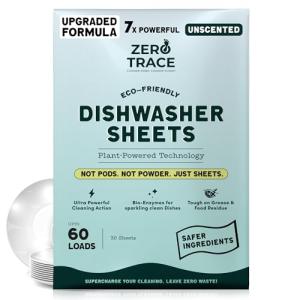Zero Trace Dishwasher Detergent Eco-Friendly Sheets for Dish Washing - Plant Powered Technology- Unscented- 60 Loads