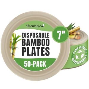 ibambo Bamboo Biodegradable Plates (50-Pack, 7-inch) | Sturdy & Microwave Safe | Heavy Duty Microwavable Disposable Plates | PFAS Free, Biodegradable | FSC Certified Alternative to Plastic