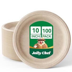 JOLLY CHEF Compostable Heavy Duty Plates 𝟭𝟬 𝗜𝗻𝗰𝗵 [𝟭𝟬𝟬 𝗣𝗮𝗰𝗸] Eco-Friendly Disposable Natural Paper Plate Bagasse Biodegradable Food Tray Bulk for Party Dinner Thanksgiving Day (Brown)