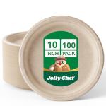 JOLLY CHEF Compostable Heavy Duty Plates 𝟭𝟬 𝗜𝗻𝗰𝗵 [𝟭𝟬𝟬 𝗣𝗮𝗰𝗸] Eco-Friendly Disposable Natural Paper Plate Bagasse Biodegradable Food Tray Bulk for Party Dinner Thanksgiving Day (Brown)