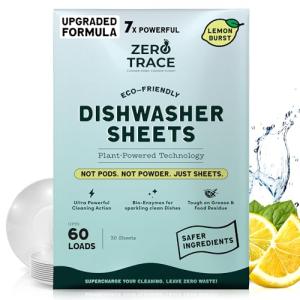 Zero Trace Dishwasher Detergent Eco-Friendly Sheets for Dish Washing - Plant Powered Technology - Lemon Scent - 60 Loads